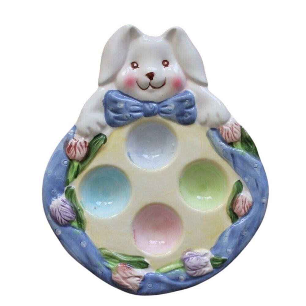 Hand-Painted Easter Bunny Ceramic Deviled Egg Holder Plate Rabbit Dish
